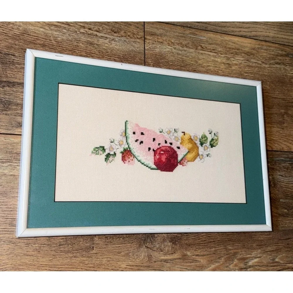 Vtg 80s Assorted Fruit Cross Stitch Embroidery Hawaii Metal Framed Plastic Matte